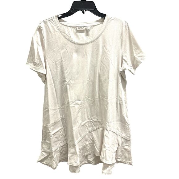 LOGO Lori Goldstein Women Top Cream Short Slv Knit Asymmetric Hem Flounce Large - Picture 1 of 8